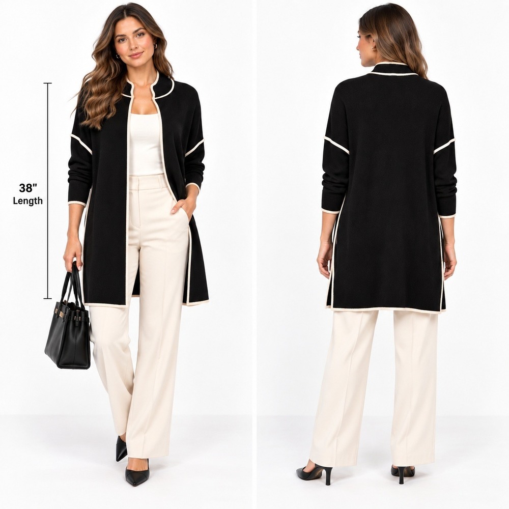 MarlaWynne Longline Cardigan Black Contrast Trim Quiet Luxury Open Front Women L